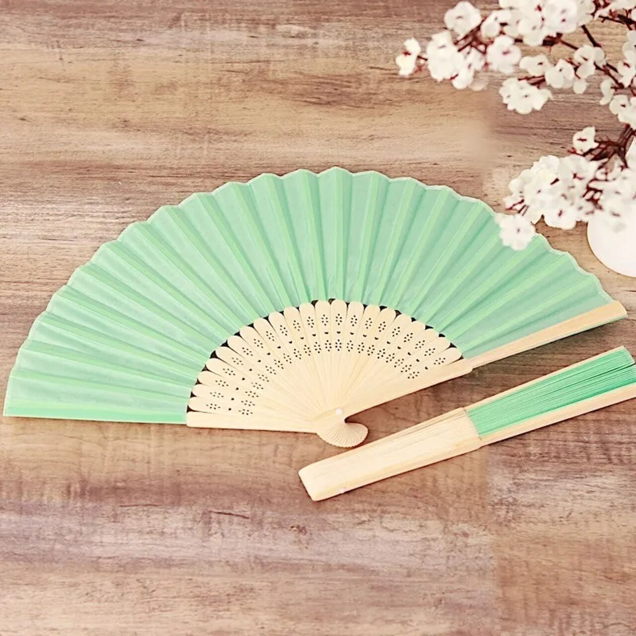 5 MINT GREEN Handheld Silk FOLDING FANS Decorative Wedding Favor